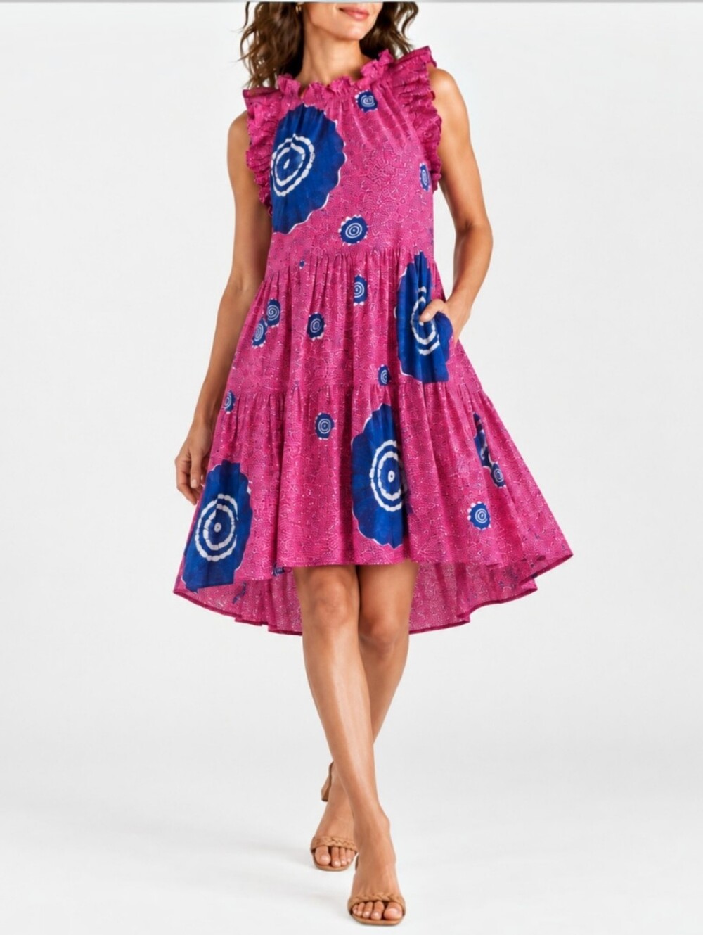 Ulla Johnson Tamsin Ruffle Tiered High Low Dress Fuchsia Batik Cotton Poplin 4